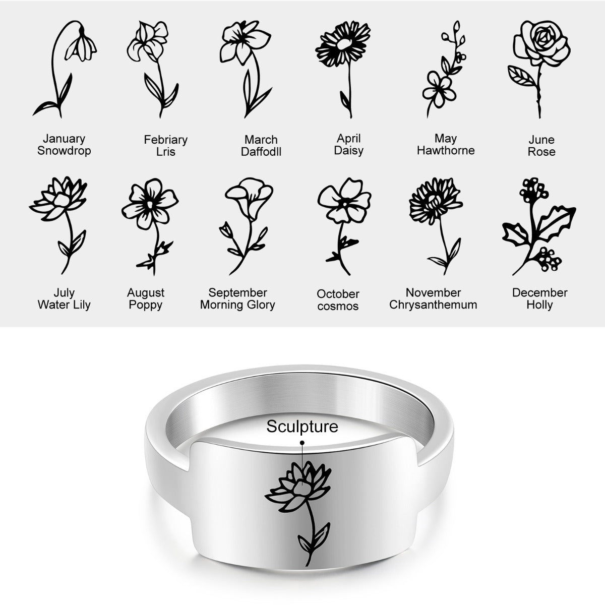 Custom One To Four Flower Birth Flower Ring