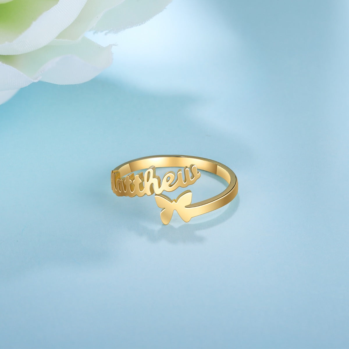 Personalized Rhodium plated Butterfly Name Ring