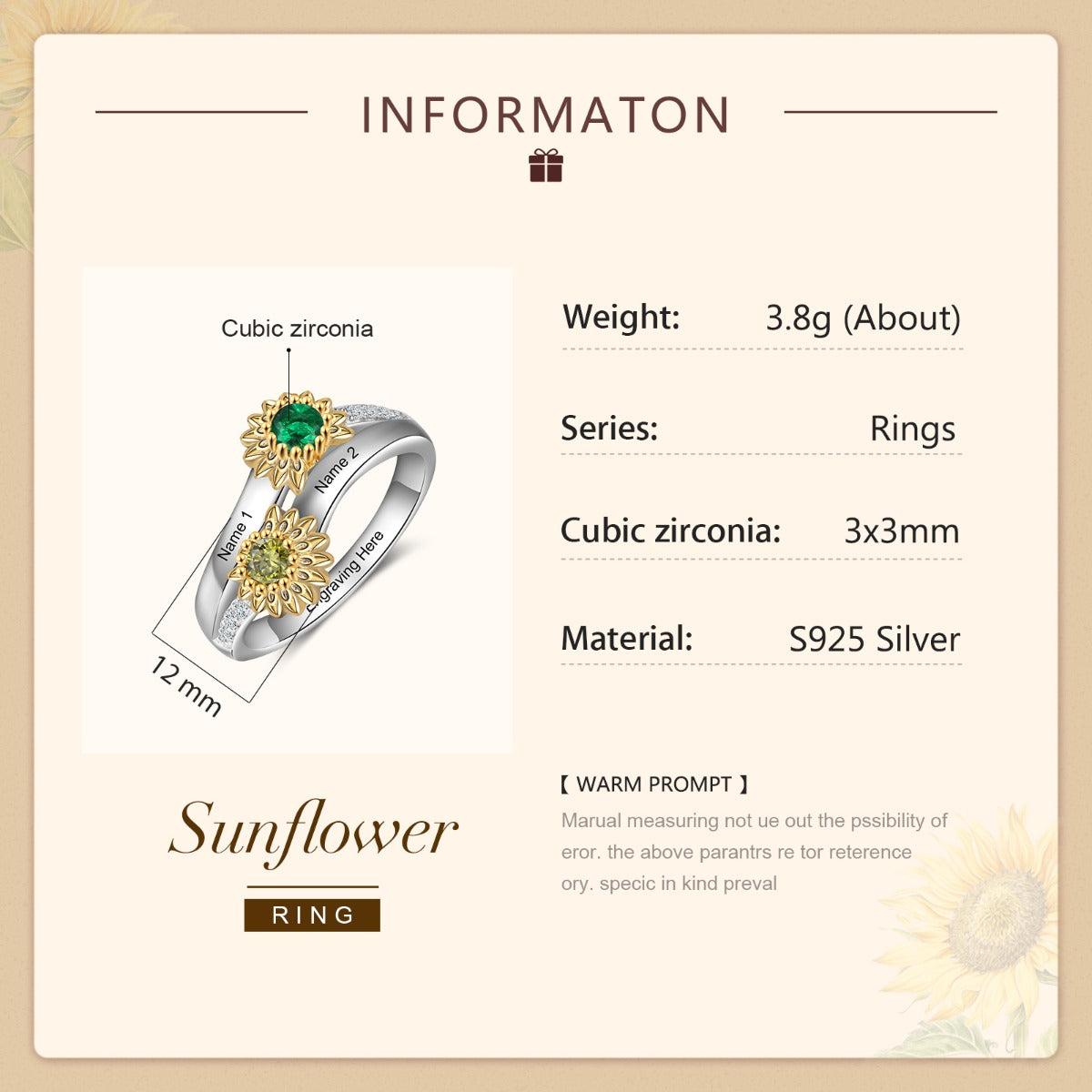 925 Sterling Silver Sunflower Ring