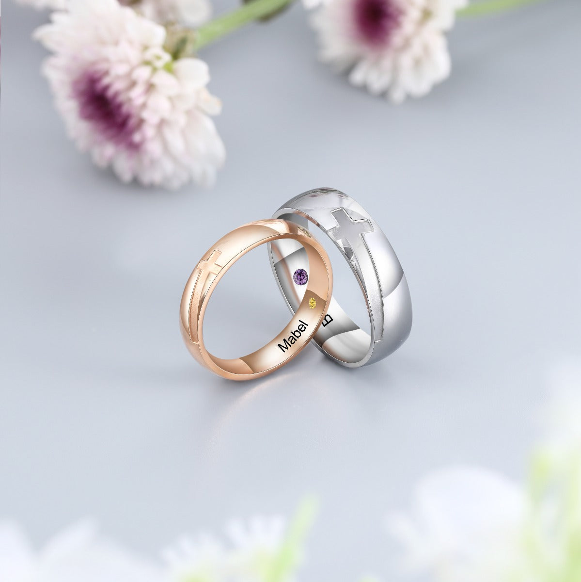 Engraved Stainless Steel Cross Couple Rings