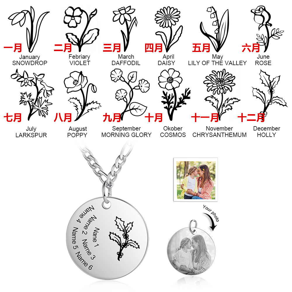 Stainless Steel Personalized Name Birthflower Pendant Necklace with Photo