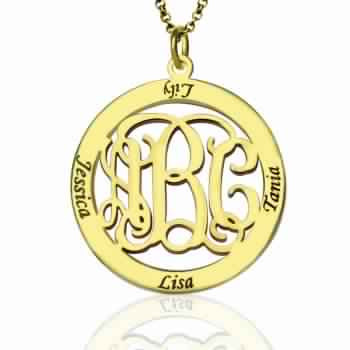 Gold Monogram Name Necklace with Engraved Border