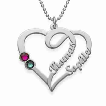 925 Silver Large Double Sided Heart Birthstone Necklace with 2 Names