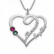 925 Silver Large Double Sided Heart Birthstone Necklace with 2 Names