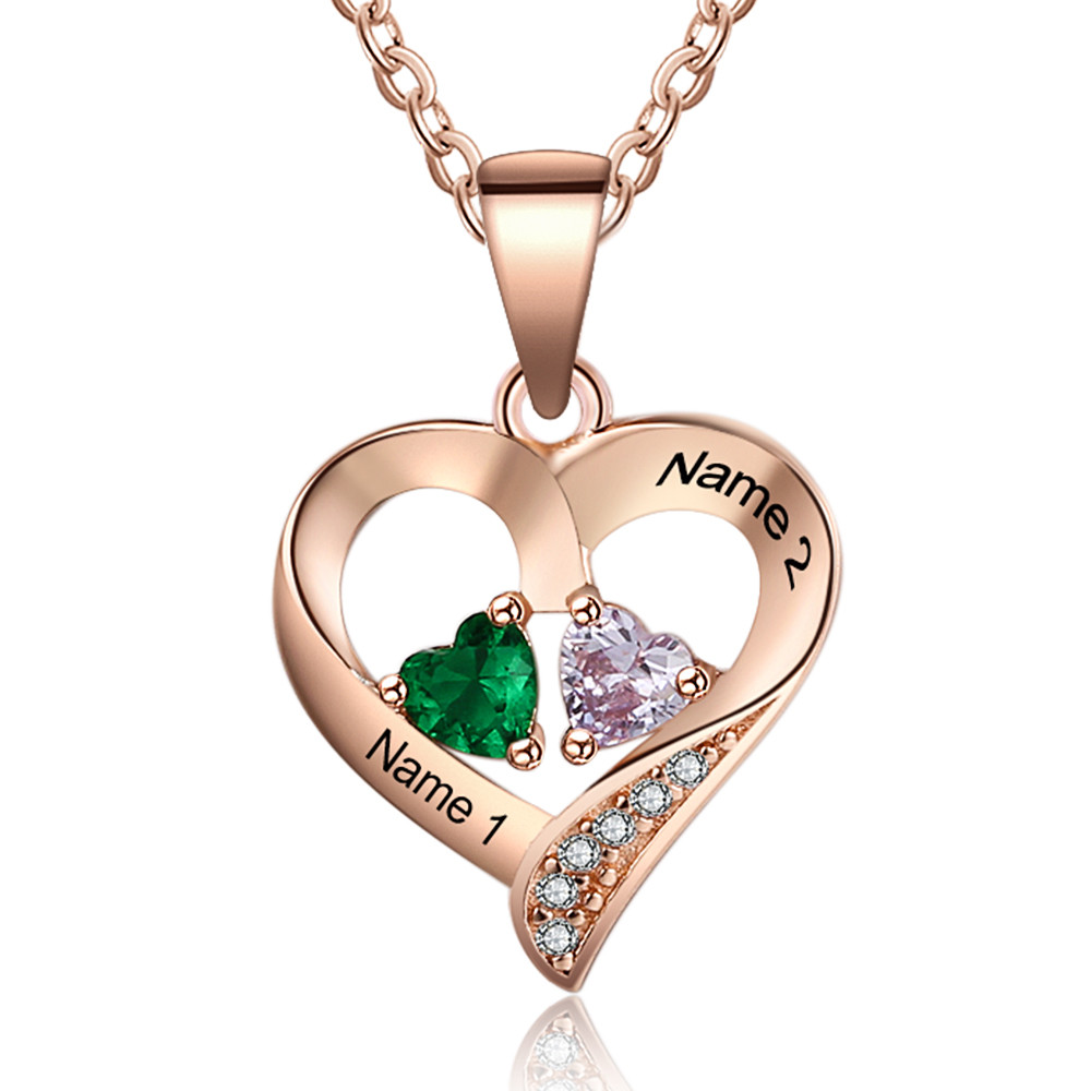 Personalized Name S925 Two Birthstones Heart Shape Pendant Necklace