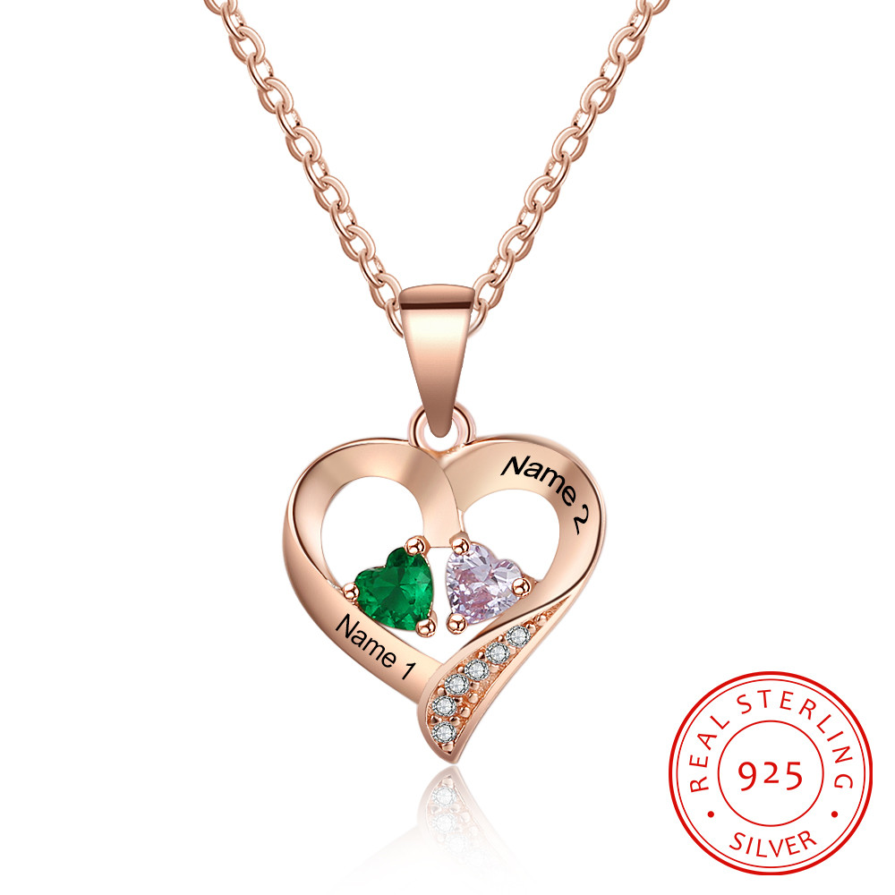 Personalized Name S925 Two Birthstones Heart Shape Pendant Necklace