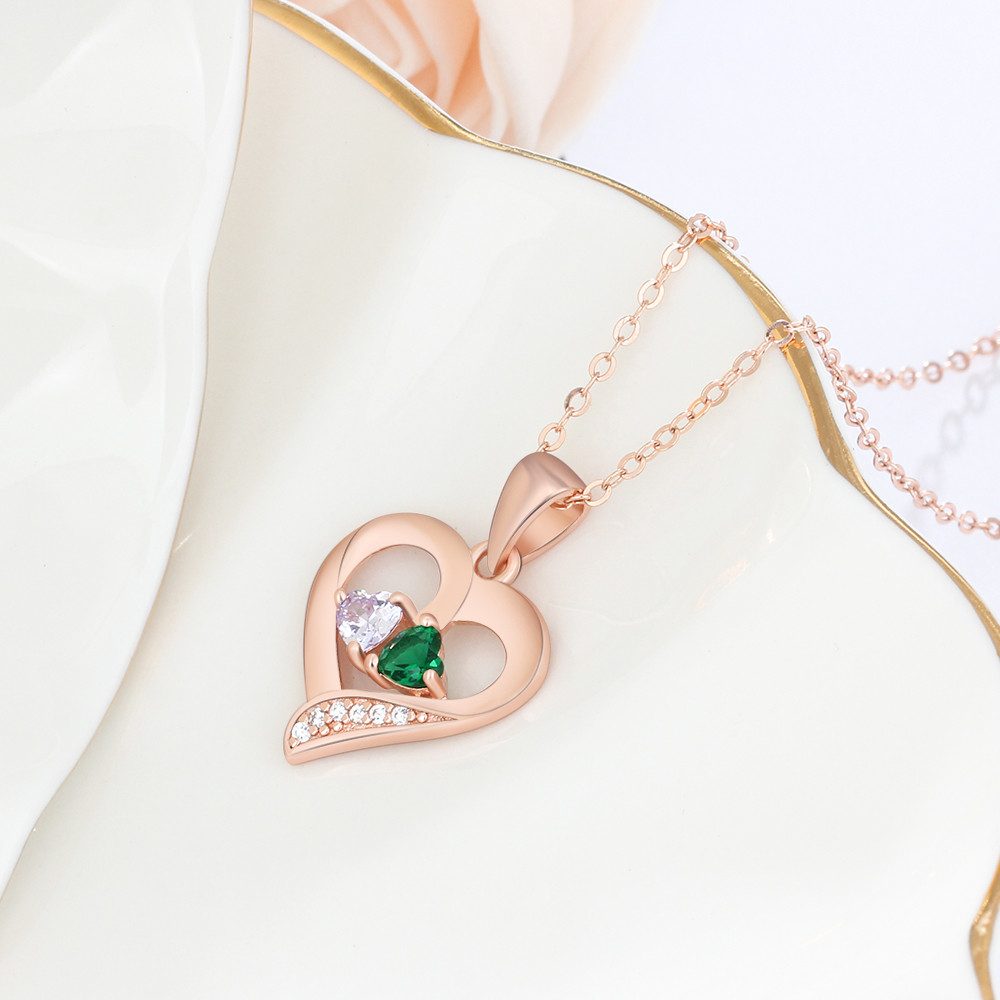 Personalized Name S925 Two Birthstones Heart Shape Pendant Necklace