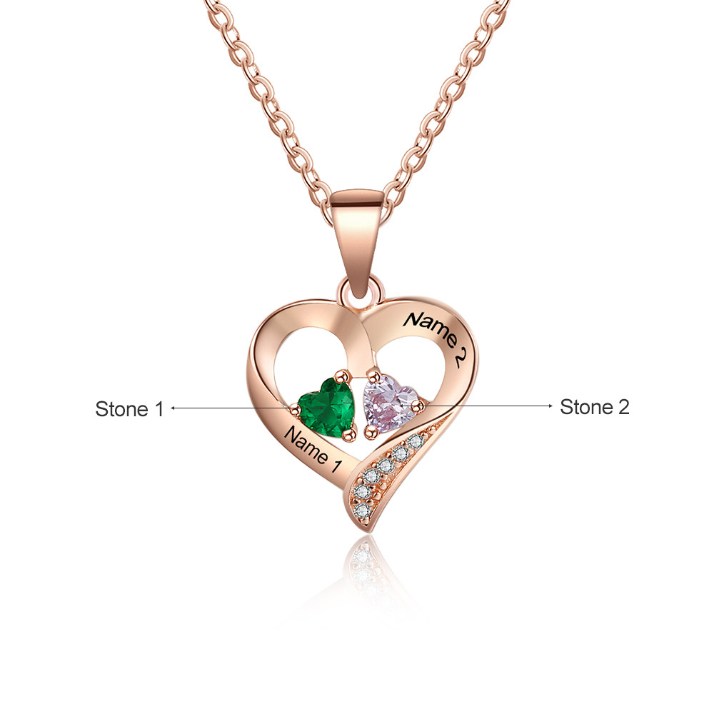 Personalized Name S925 Two Birthstones Heart Shape Pendant Necklace