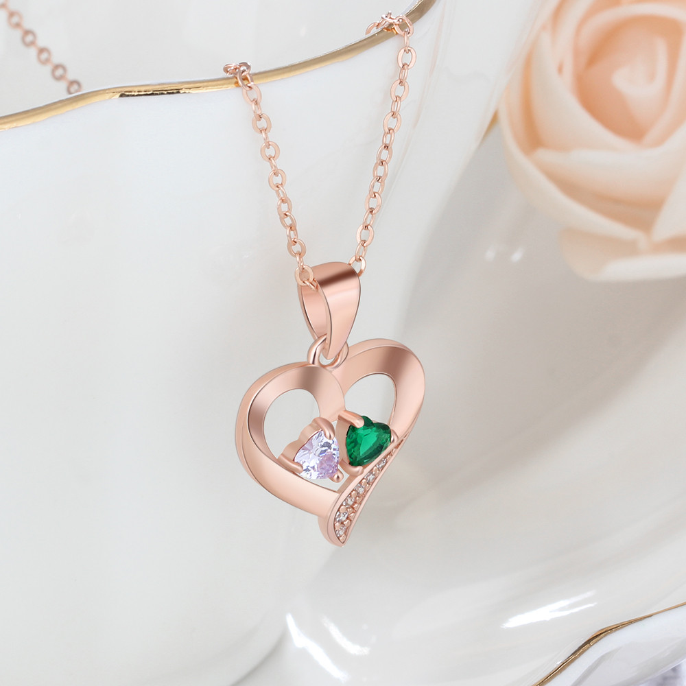 Personalized Name S925 Two Birthstones Heart Shape Pendant Necklace