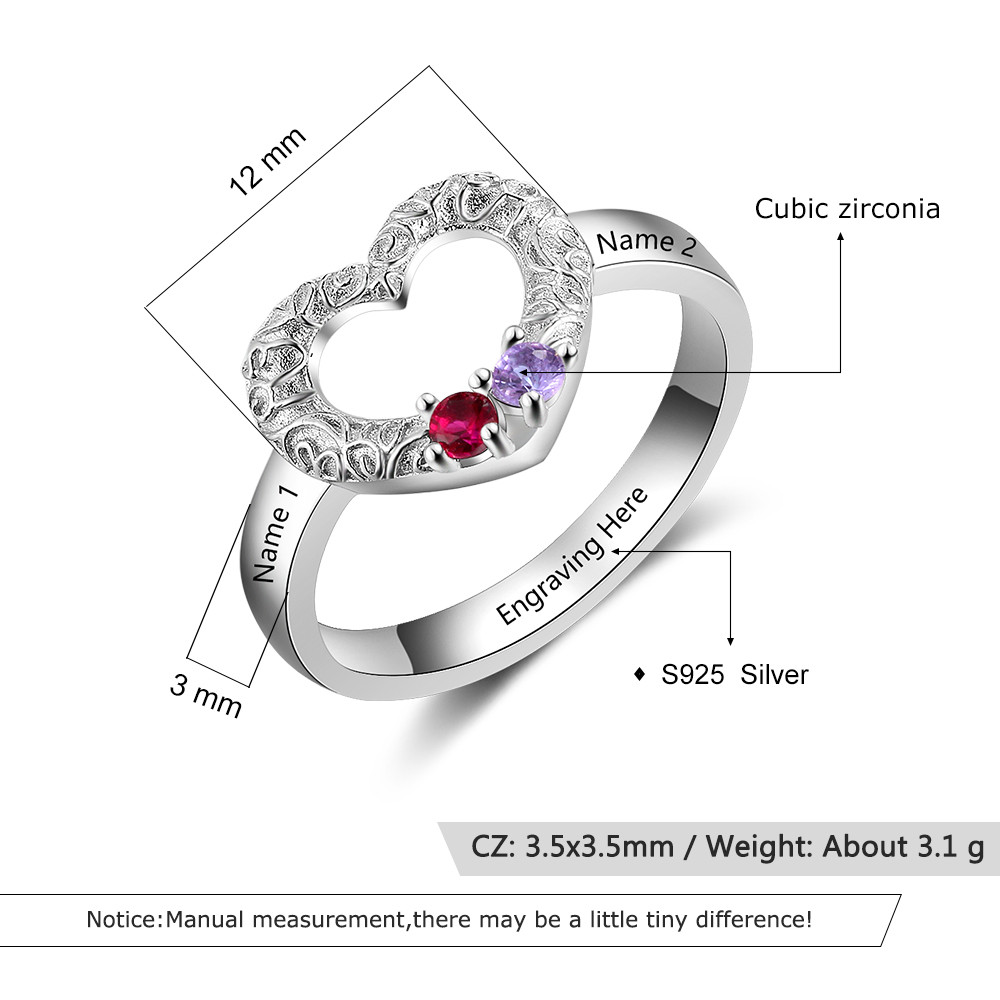 925 Silver Hollow Heart Birthstone Ring