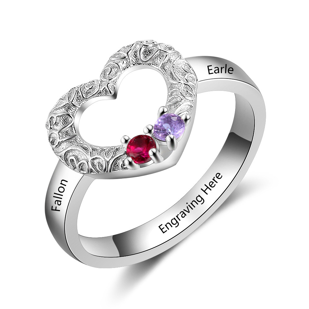 925 Silver Hollow Heart Birthstone Ring