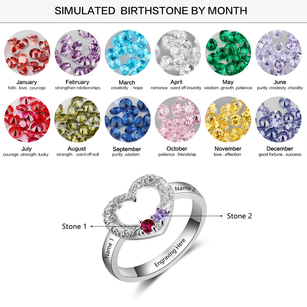 925 Silver Hollow Heart Birthstone Ring