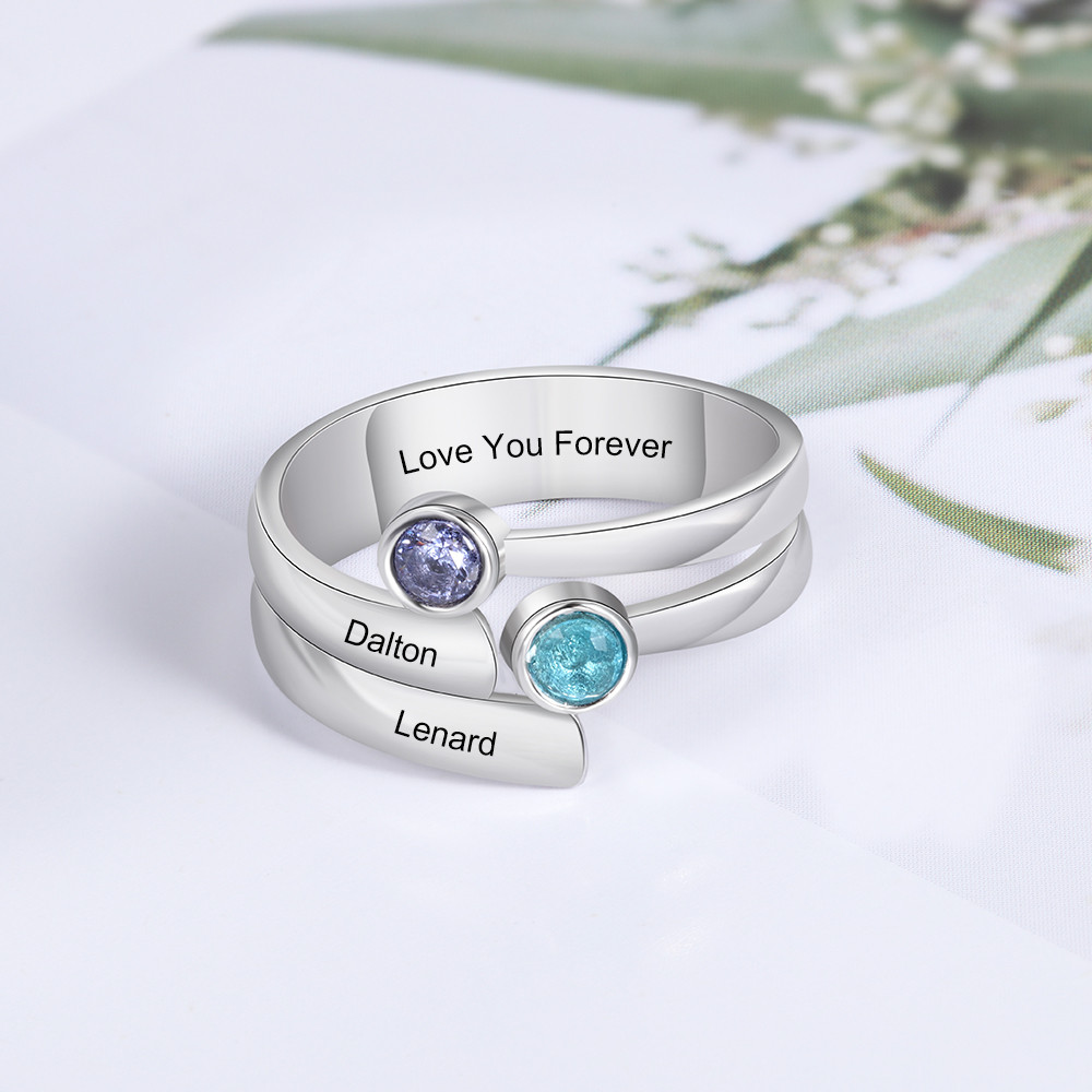 Engraved Names Double Birthstones Rings