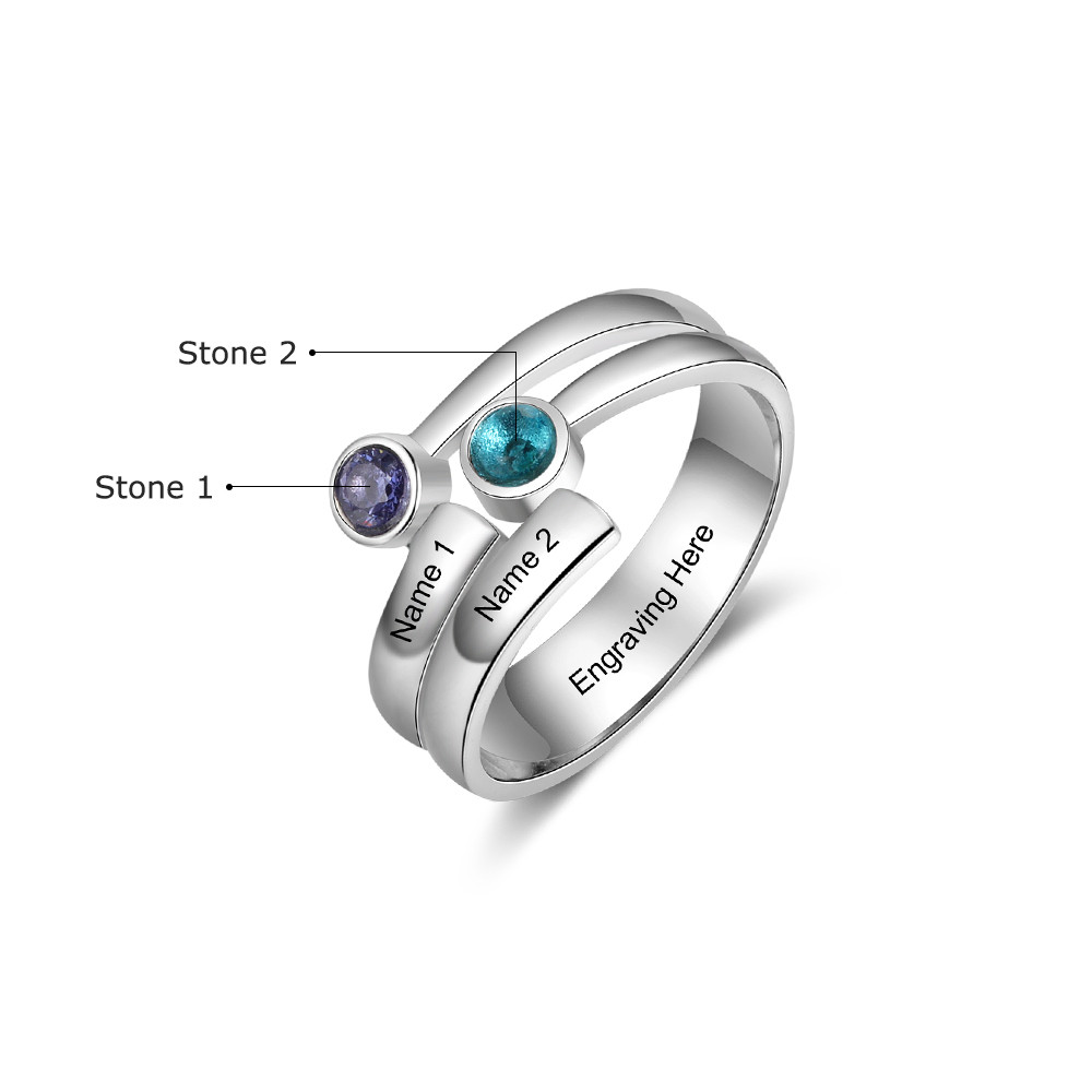 Engraved Names Double Birthstones Rings