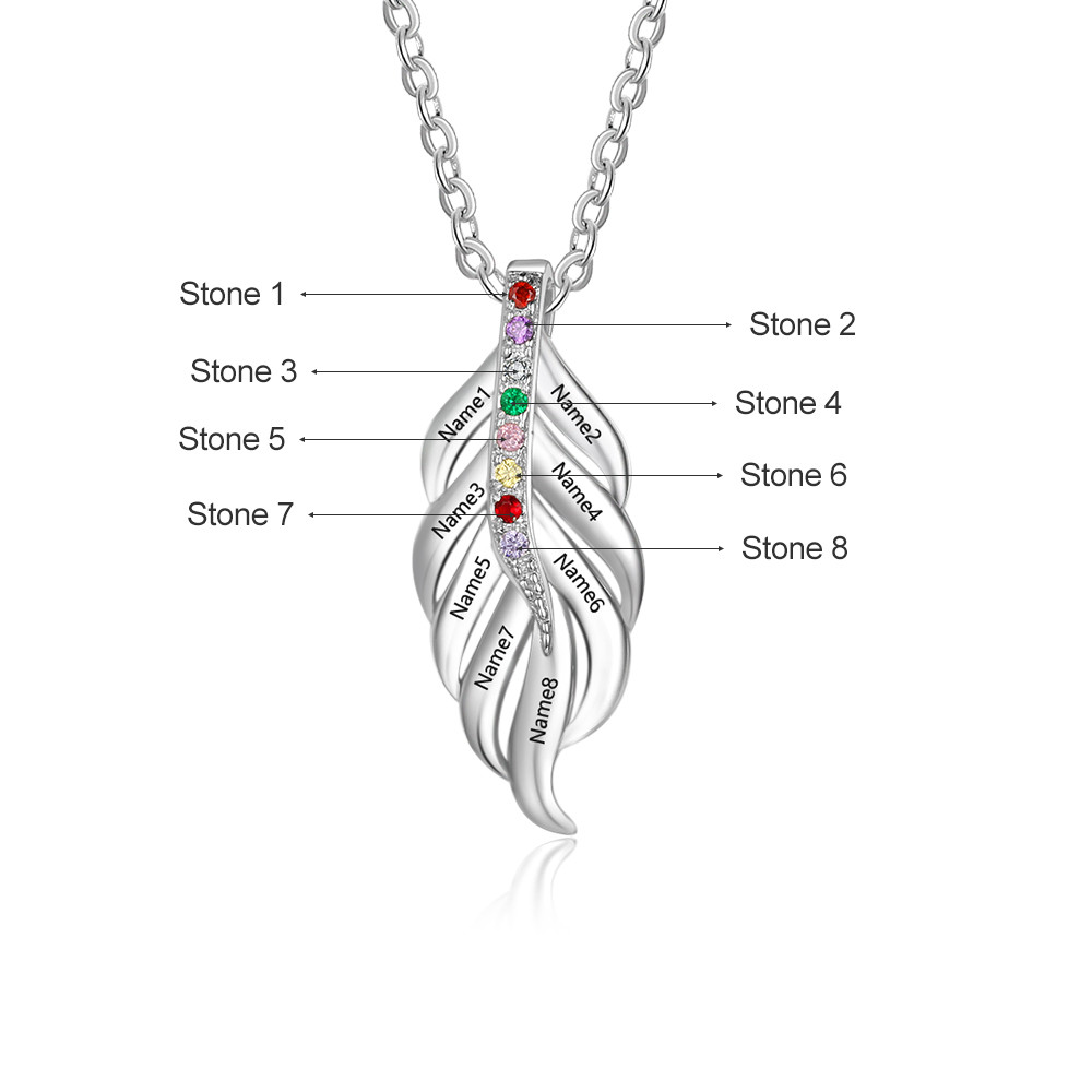 S925 Personalized Name Leaf Shape Pendant Necklace with Colorful Birthstones