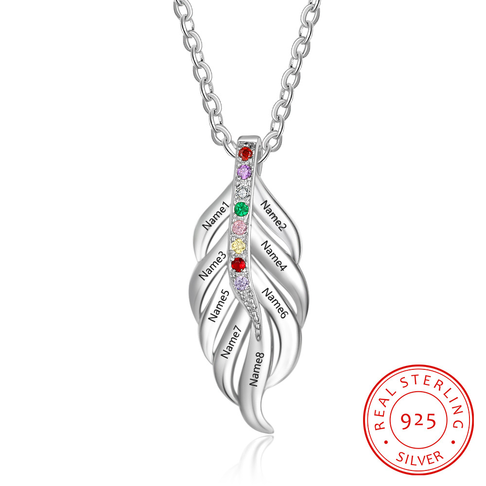 S925 Personalized Name Leaf Shape Pendant Necklace with Colorful Birthstones