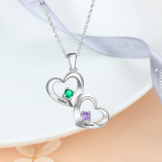 S925 Personalized Name Double Hearts Pendant Necklace with Two Birthstones