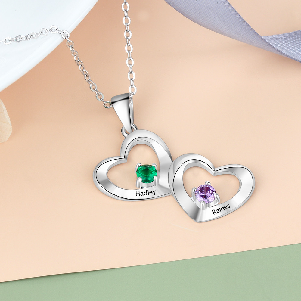 S925 Personalized Name Double Hearts Pendant Necklace with Two Birthstones