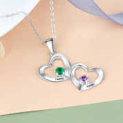 S925 Personalized Name Double Hearts Pendant Necklace with Two Birthstones