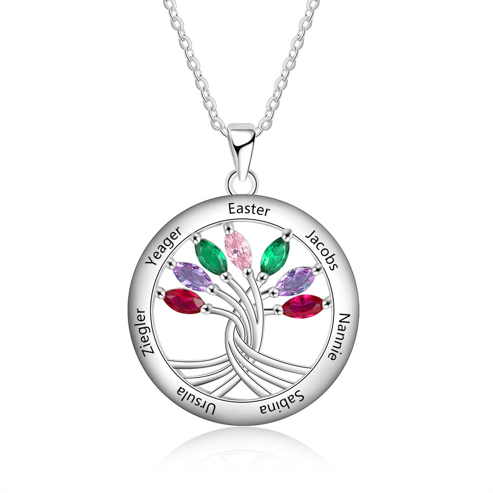 925 Sterling Silver Tree of Life Necklace with Seven Birthstones