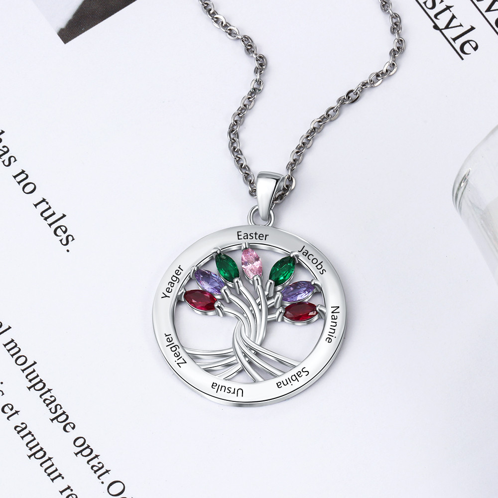 925 Sterling Silver Tree of Life Necklace with Seven Birthstones