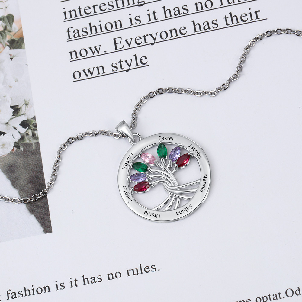 925 Sterling Silver Tree of Life Necklace with Seven Birthstones