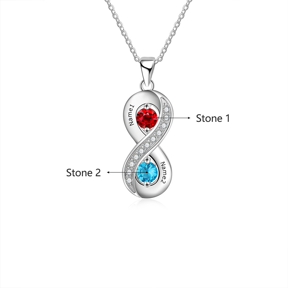 925 Silver Custom Two Names Infinity Necklace with Birthstones