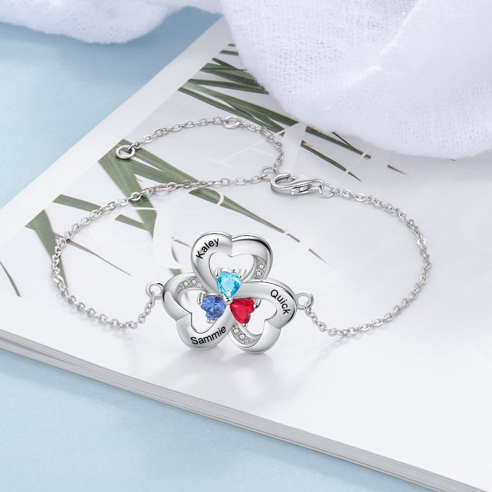 925 Sterling Silver Heart Birthstone Bracelet with Names