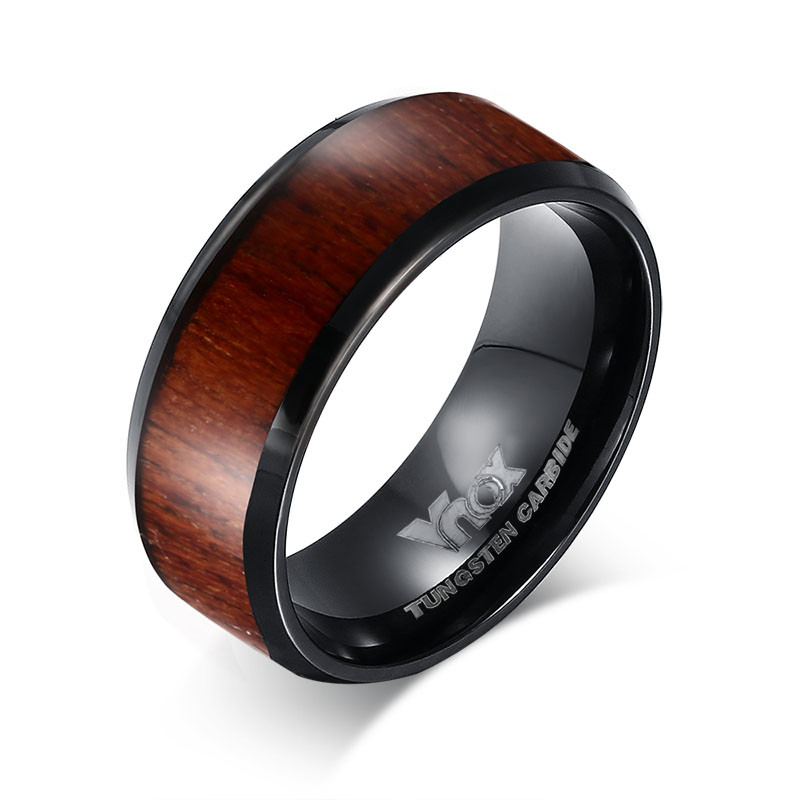 Engravable Black Stainless Steel Ring with a Wood Finish