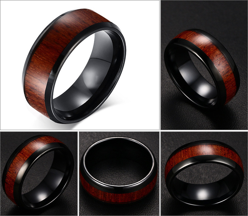 Engravable Black Stainless Steel Ring with a Wood Finish