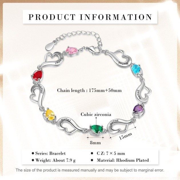 Rhodium Plated Heart Birthstone Bracelet