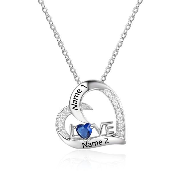 S925 Engraved Names Birthstone Heart Shape Penant Necklace with Love Letter