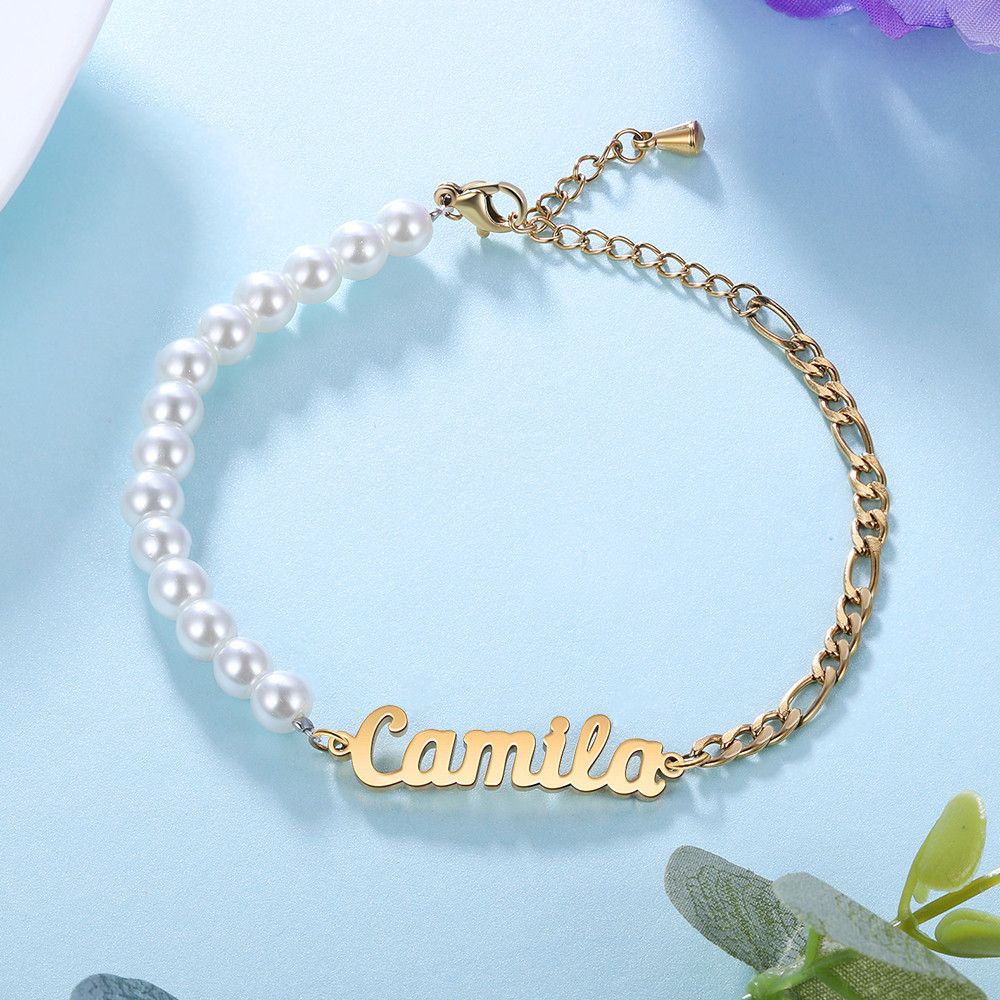 Personalized Stainless Steel Pearl Name Bracelet