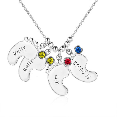 Personalized 925 Sterling Silver Birthstone Little Feet Artistical Name Necklace