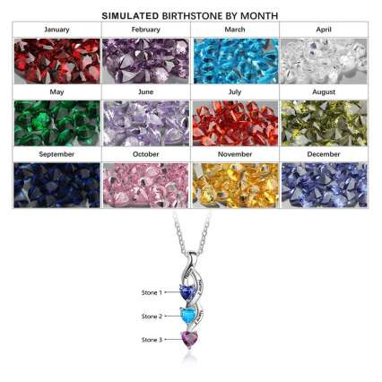 Engraving Names 925 Sterling Silver Three Heart Shape Colorful Birthstones Necklace