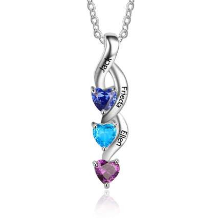 Engraving Names 925 Sterling Silver Three Heart Shape Colorful Birthstones Necklace