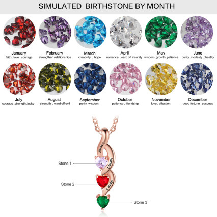 Engraving Names 925 Sterling Silver Three Heart Shape Colorful Birthstones Necklace