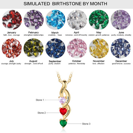 Engraving Names 925 Sterling Silver Three Heart Shape Colorful Birthstones Necklace