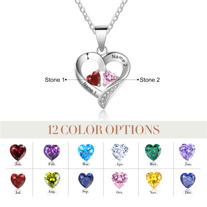 Personalized Name S925 Two Birthstones Heart Shape Pendant Necklace