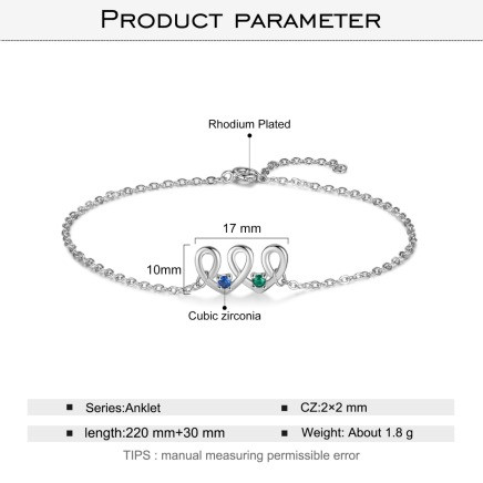 Rhodium Plated Birthstone Heart Shape Anklet