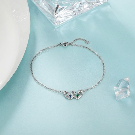 Rhodium Plated Birthstone Heart Shape Anklet